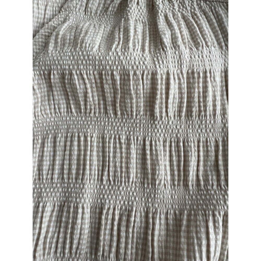 Piper & Scoot Midi Dress Crinkle Ruched Mini Gingham Print Beige White Plus 1X - Picture 5 of 12